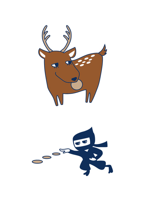 T-shirt design showing a cartoon deer sticking out its tongue and a playful ninja throwing what appears to be coins or crackers. A humorous blend of traditional Japanese motifs with a modern twist.
