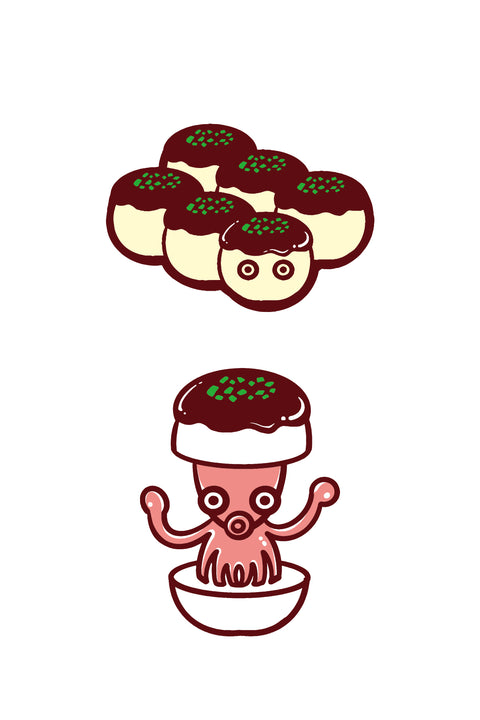 T-shirt design featuring a group of takoyaki balls, one with a surprised face. Below, a pink octopus rises from a bowl with a takoyaki ball on its head, blending humor with food culture.