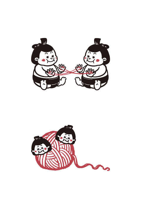 T-shirt design featuring two chubby sumo-like children playing cat’s cradle with red string. Below, their smiling faces peek out from a large red ball of yarn, adding a playful and cozy touch.