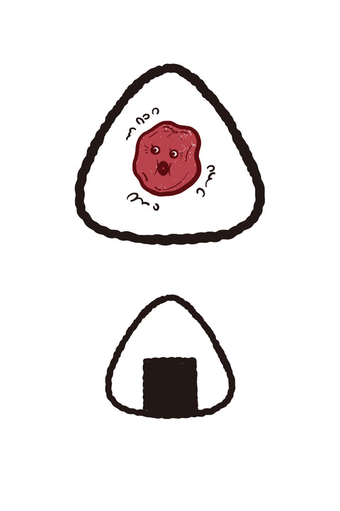 T-shirt design featuring two rice balls (onigiri). The top onigiri has a surprised-looking pickled plum (umeboshi) face in the center, while the bottom one is a classic seaweed-wrapped onigiri with no facial expression.