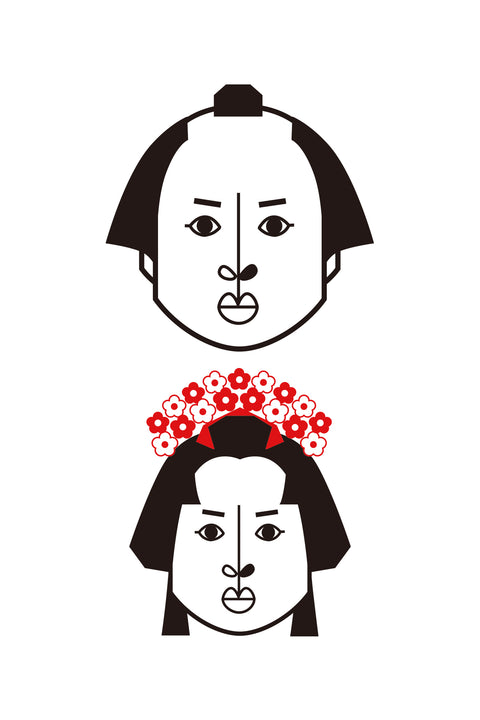 T-shirt design featuring stylized portraits of a traditional Japanese man with a topknot and a woman adorned with a red flower headdress. Both faces are illustrated with bold, symmetrical lines.