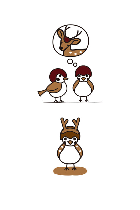 T-shirt design featuring two sparrows, one dreaming of becoming a deer. The bottom image shows the sparrow wearing a helmet with antlers, standing proudly as if fulfilling its dream.