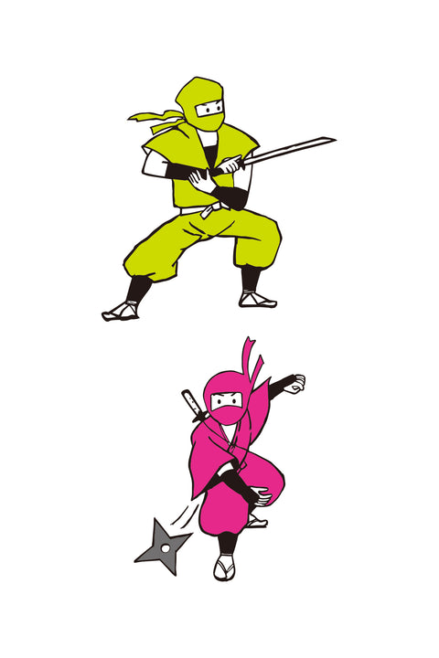 T-shirt design featuring two colorful ninjas in action. The top image shows a green ninja holding a sword in a battle stance, while the bottom image shows a pink ninja throwing a shuriken with dynamic motion.