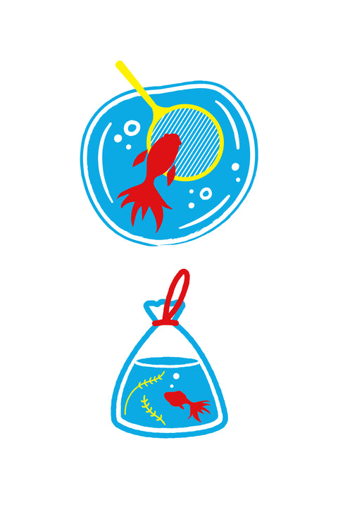 T-shirt design featuring a red goldfish and a scooping net inside a blue water bowl. Below, a goldfish is shown inside a clear plastic bag with water plants, tied with a red string — evoking the nostalgic feel of a summer festival.