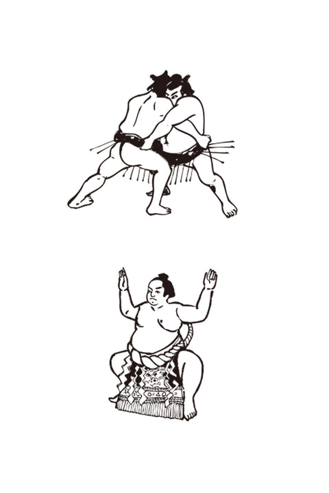 T-shirt design featuring traditional sumo imagery. The top image shows two sumo wrestlers engaged in a match, while the bottom image depicts a sumo wrestler performing a ceremonial squat with arms raised.