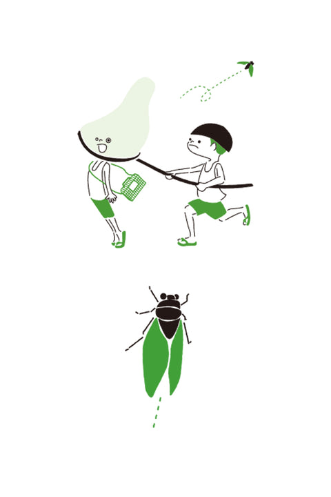 T-shirt design featuring a playful scene of two boys chasing a cicada. One boy wears a cicada-shaped mask and holds a net, while the other pulls him with a leash. Below is an illustration of a cicada with green wings in flight.