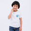 Front view of a smiling child wearing the white "Kingyo Sukui" T-shirt and blue jeans, with one hand touching their chin.